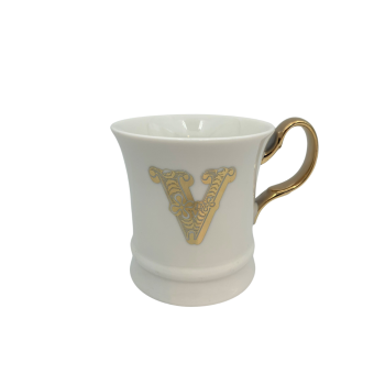 Mug in bone china bianca con manico oro Lettera V Livellara Milano